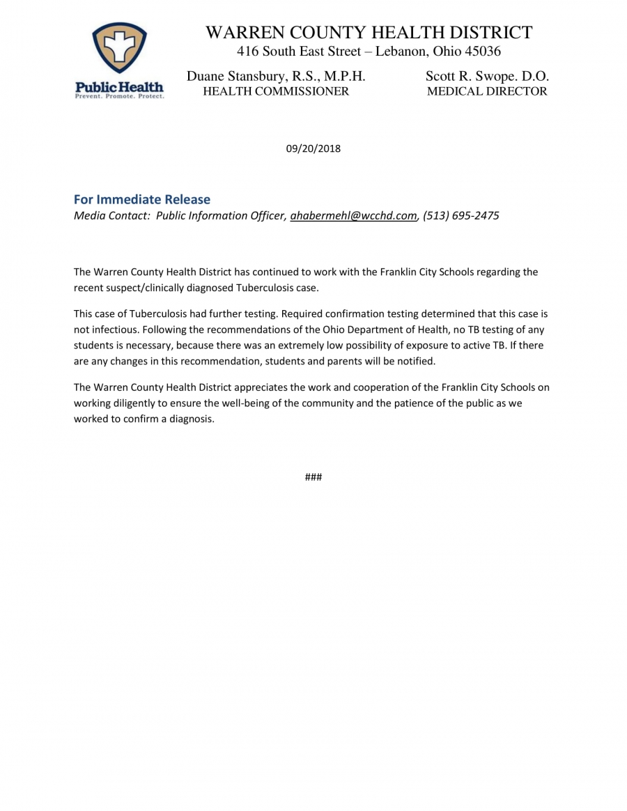 Warren County Health District Release